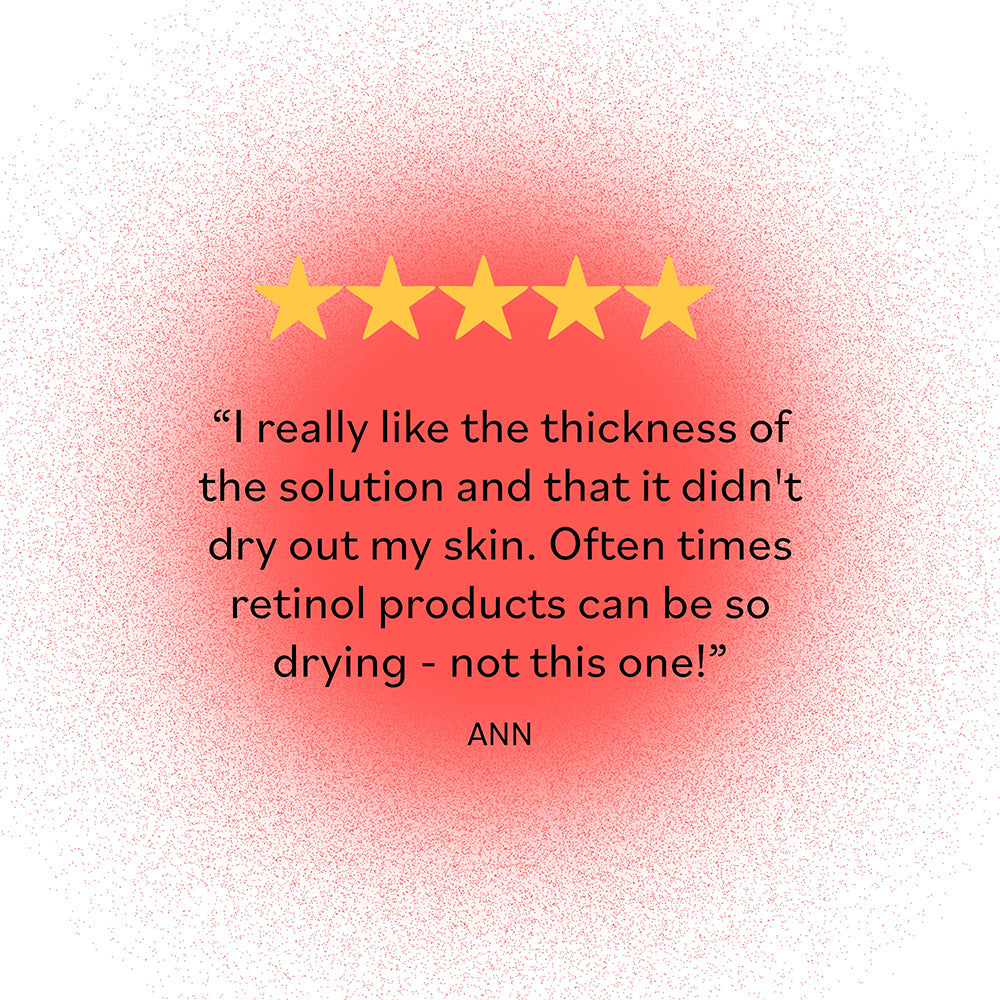 Five-star customer review: &#39;I really like the thickness of the solution and that it didn&#39;t dry out my skin. Often times retinol products can be so drying - not this one!&#39; highlighting the non-drying formula of the retinol serum.