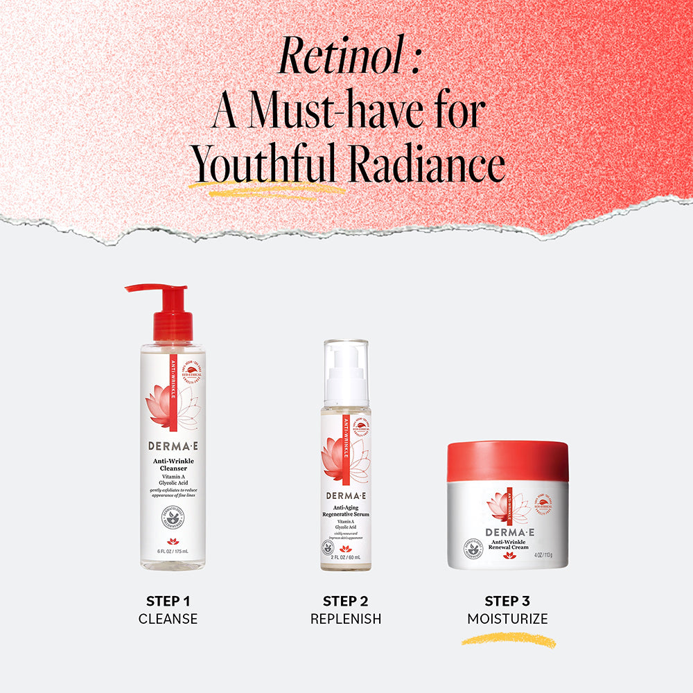 Derma E Anti-Wrinkle skincare routine: Cleanse, Replenish, and Moisturize for youthful radiance