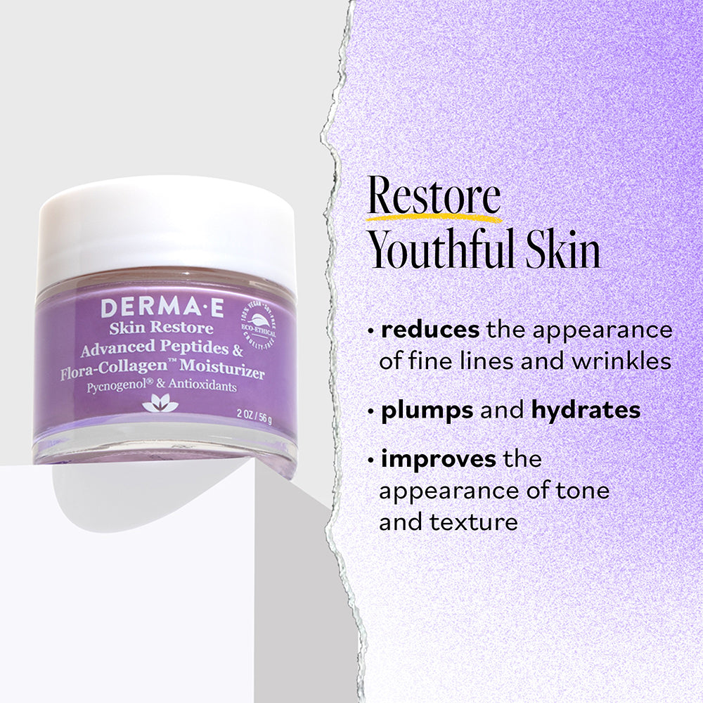 Derma E Skin Restore Advanced Peptides & Flora-Collagen Moisturizer product image, highlighting its anti-aging benefits.