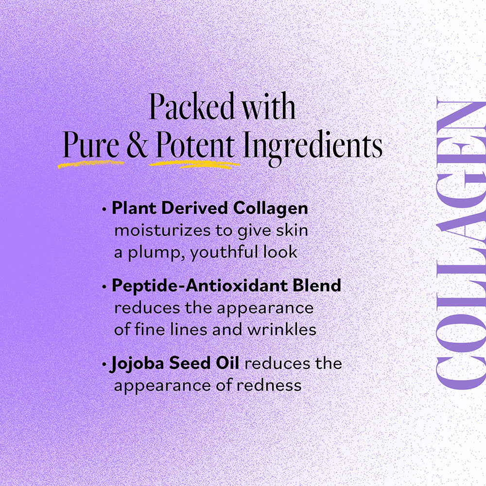 Derma E Collagen collection key ingredients: Plant-Derived Collagen, Peptide-Antioxidant Blend, and Jojoba Seed Oil.