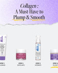 Derma E Collagen routine: Cleanser, Scrub, Serum, and Moisturizer for plump and smooth skin.