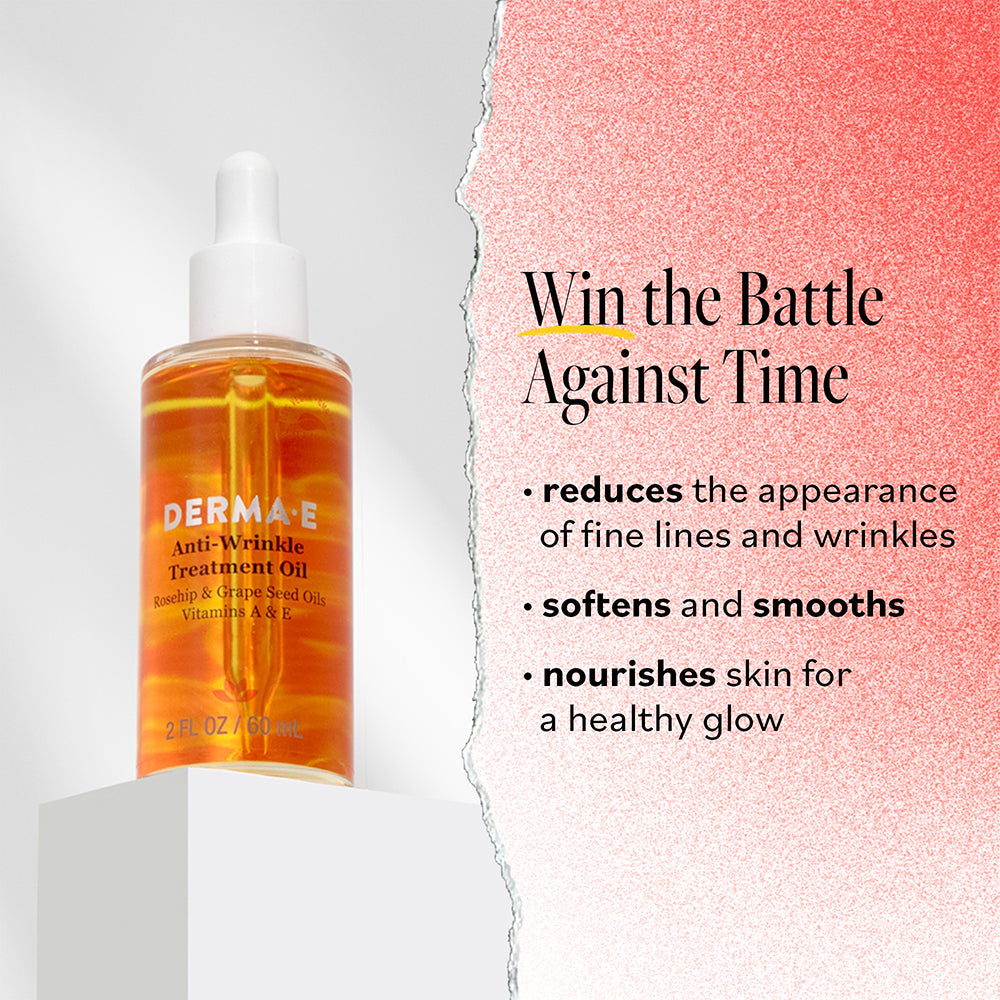 Benefits of Derma E Anti-Wrinkle Treatment Oil: reduces fine lines and wrinkles, softens and smooths skin, nourishes for a healthy glow.