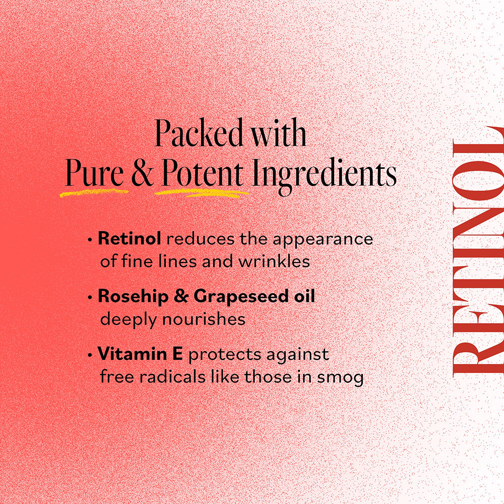 Key ingredients of Derma E Anti-Wrinkle Treatment Oil: Retinol, Rosehip &amp; Grapeseed Oil, and Vitamin E.