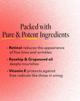 Key ingredients of Derma E Anti-Wrinkle Treatment Oil: Retinol, Rosehip & Grapeseed Oil, and Vitamin E.