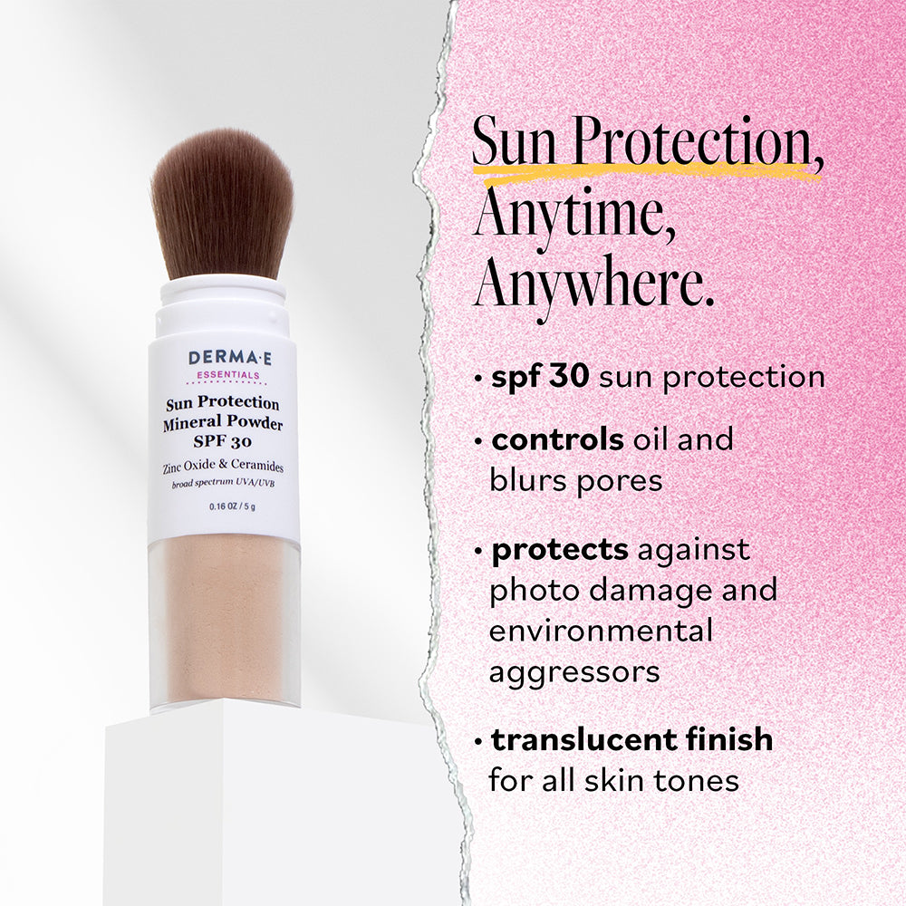 Infographic outlining the benefits of Derma E Sun Protection Mineral Powder SPF 30, including sun protection, oil control, and a translucent finish for all skin tones.