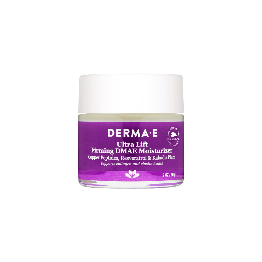 Jar of Derma E Ultra Lift Firming DMAE Moisturizer with Copper Peptides, Resveratrol, and Kakadu Plum, supports collagen and elastin health."