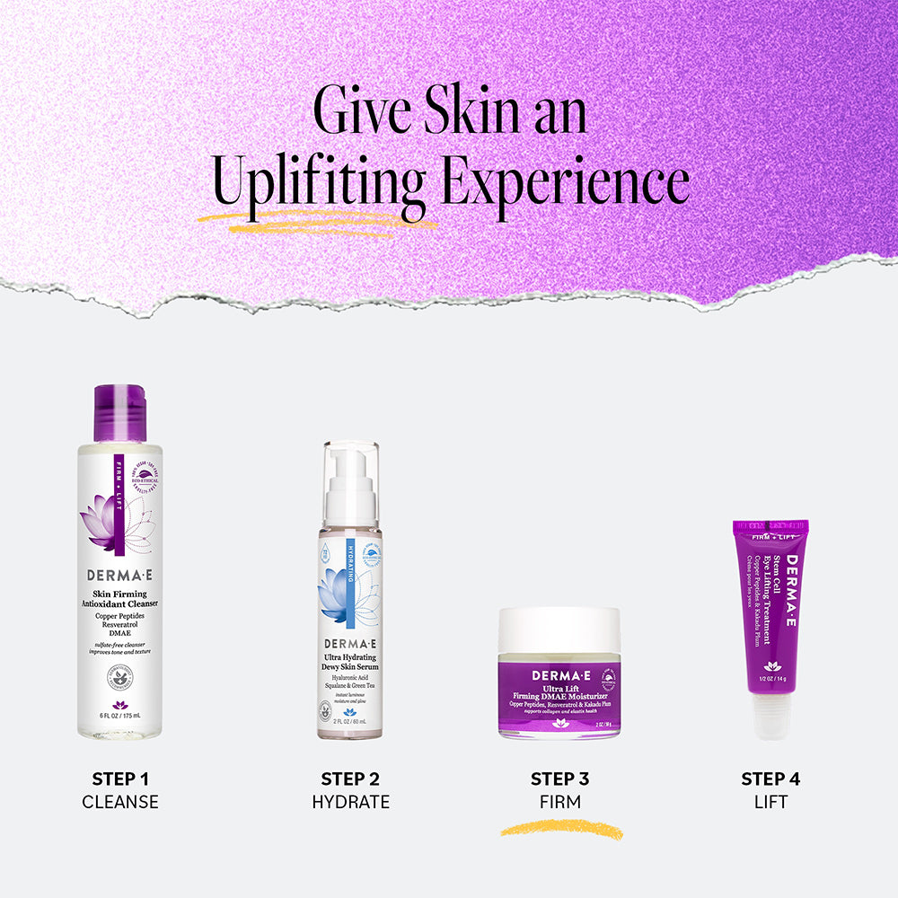 Derma E Ultra Lift skincare routine steps: Cleanse with the Skin Firming Antioxidant Cleanser, hydrate with Ultra Hydrating Dewy Skin Serum, firm with Ultra Lift Firming DMAE Moisturizer, and lift with Ultra Lift Firming Eye Lift.