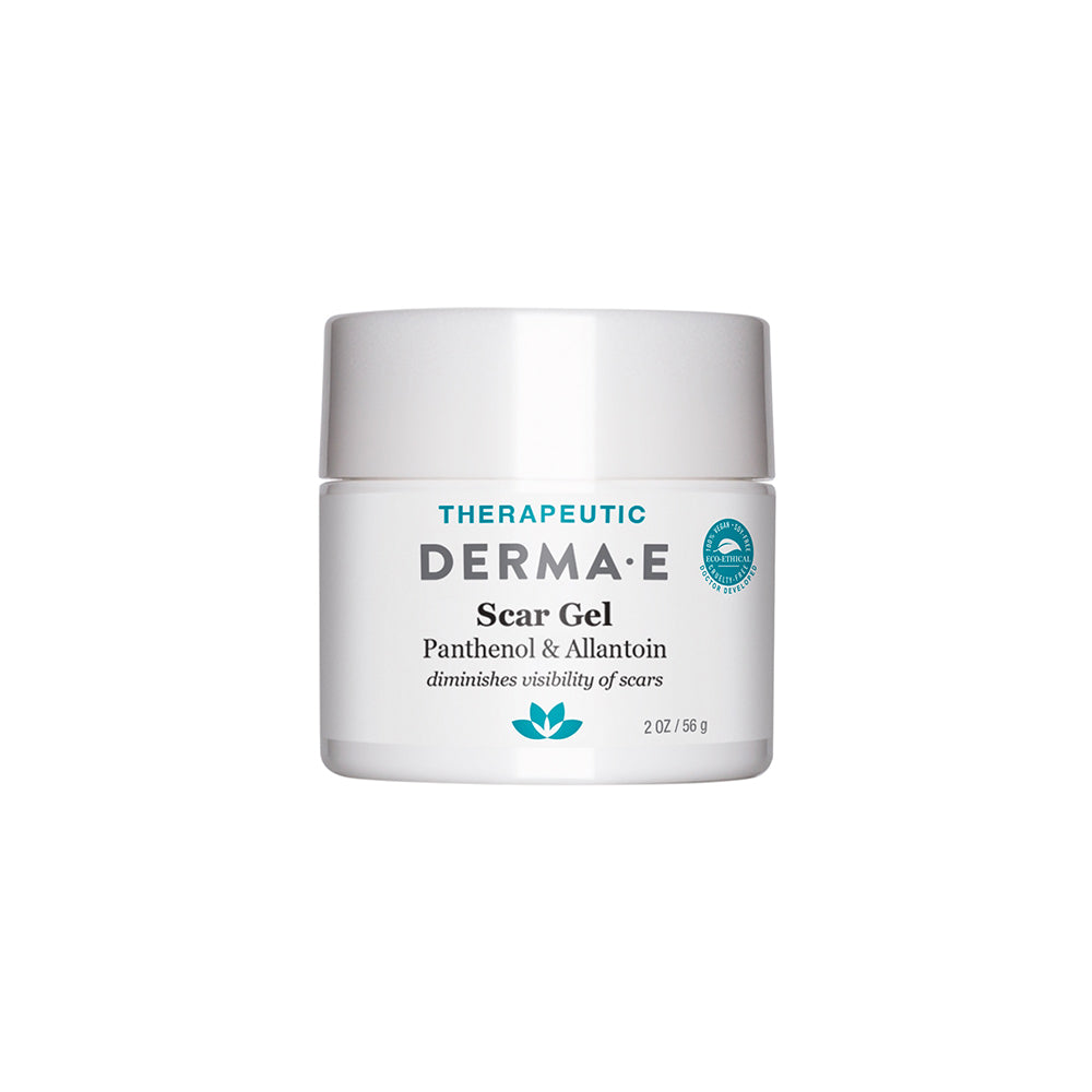 Derma E Therapeutic Scar Gel with Panthenol and Allantoin in a white jar, diminishes visibility of scars, 2 oz (56 g)