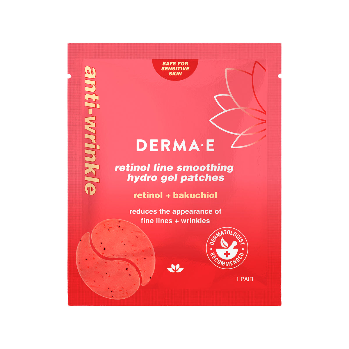 A red single-use packet of DERMA-E anti-wrinkle retinol line smoothing hydro gel patches, featuring a pair of round patch illustrations on the lower left.