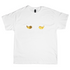 White t-shirt with gold graphic design on a white background
