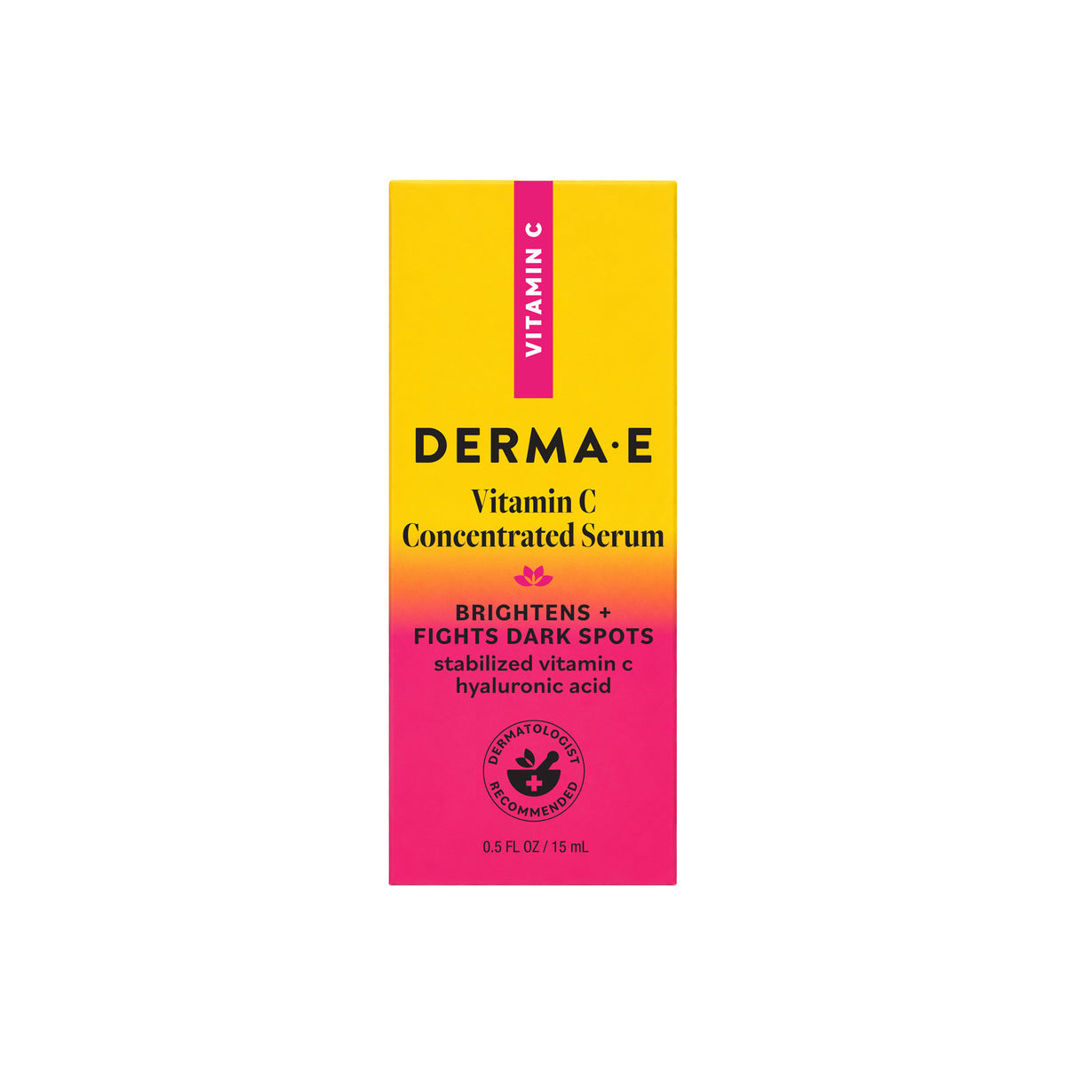 A rectangular box of Derma-E Vitamin C Concentrated Serum with a bright yellow-to-pink gradient design and black text, centered on a plain white background.