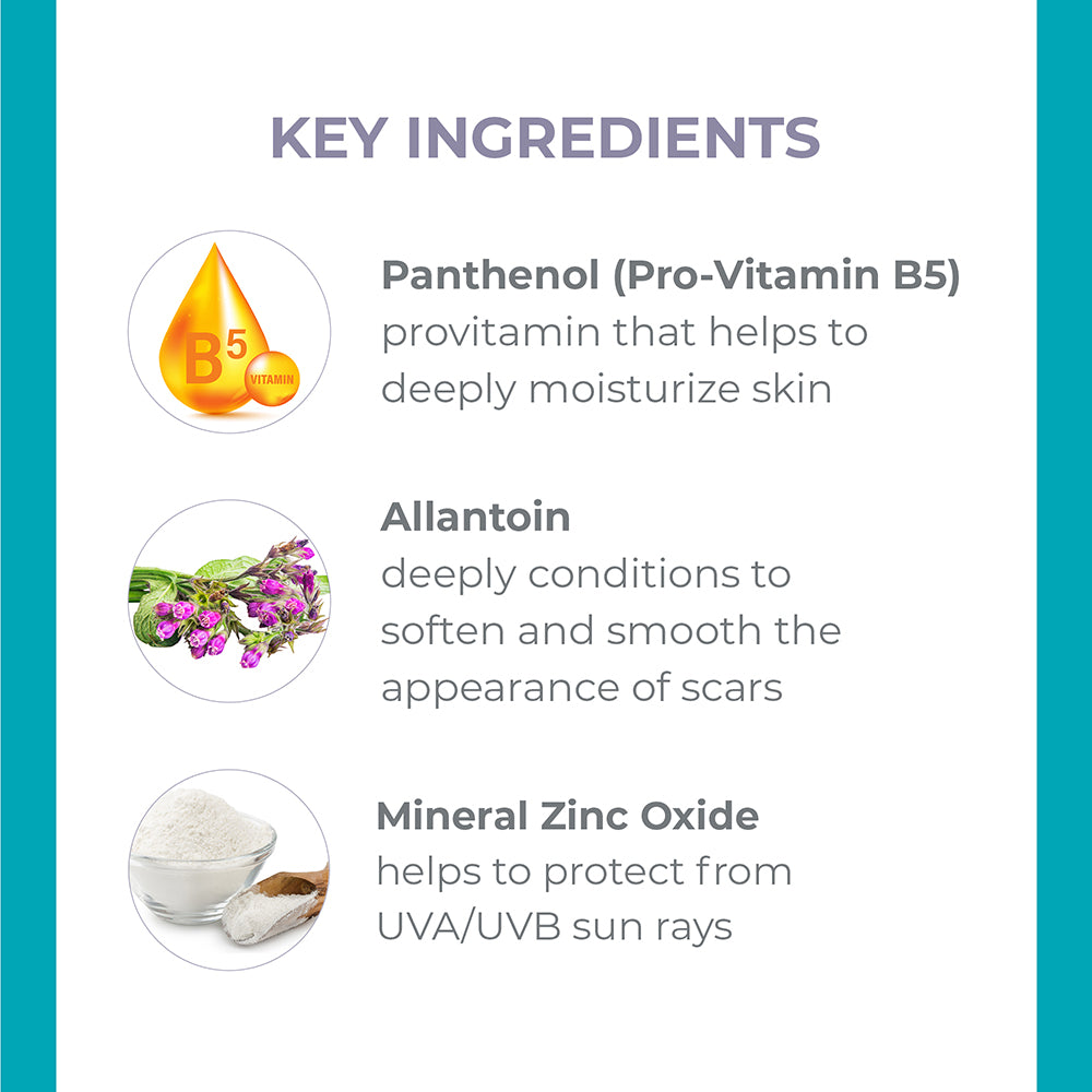 Key Ingredients list for Derma E Scar Cream Sun Protectant SPF 35. Description of Panthenol, Allantoin, and Mineral Zinc Oxide.