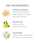 Key ingredients for Derma E's Itch Relief Lotion. Colloidal Oatmeal, Tea Tree Oil, and Chamomile.