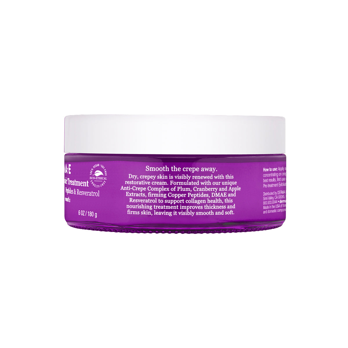 Back of Crepey Skin Repair Treatment bottle with text &#39;smooth the crepe away&#39; - detailed ingredients and usage instructions.