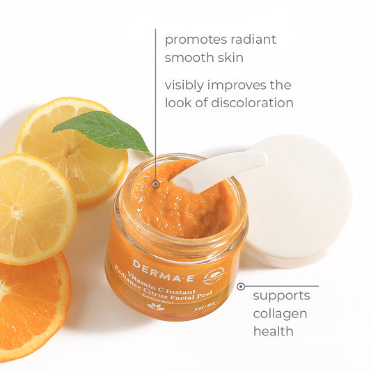 Vitamin C Instant Radiance Citrus Facial Peel promotes radiant smooth skin, visably improves the look of discoloration, and supports collagen health. 