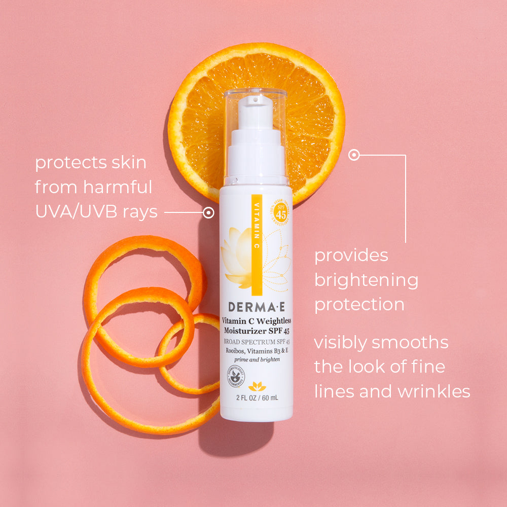 Vitamin C Weightless Moisturizer Broad Spectrum SPF 45 protects skin from harmful UVA/UVB rays, provides brightening protection, and visably smooths the look of fine lines and wrinkles. 