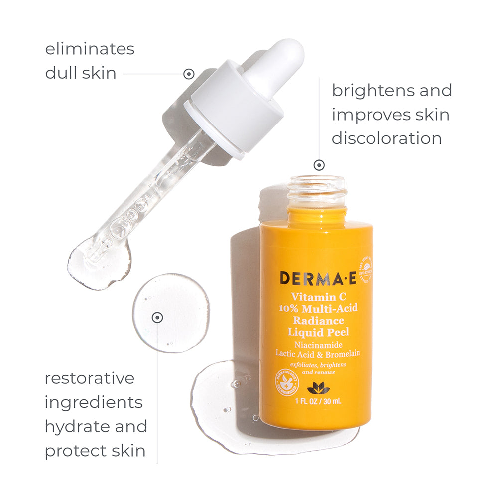 Vitamin C 10% Multi-Acid Radiance Liquid Peel eliminates dull skin, brightens and improves skin discoloration, and restorative ingredients hydrate and protect skin. 