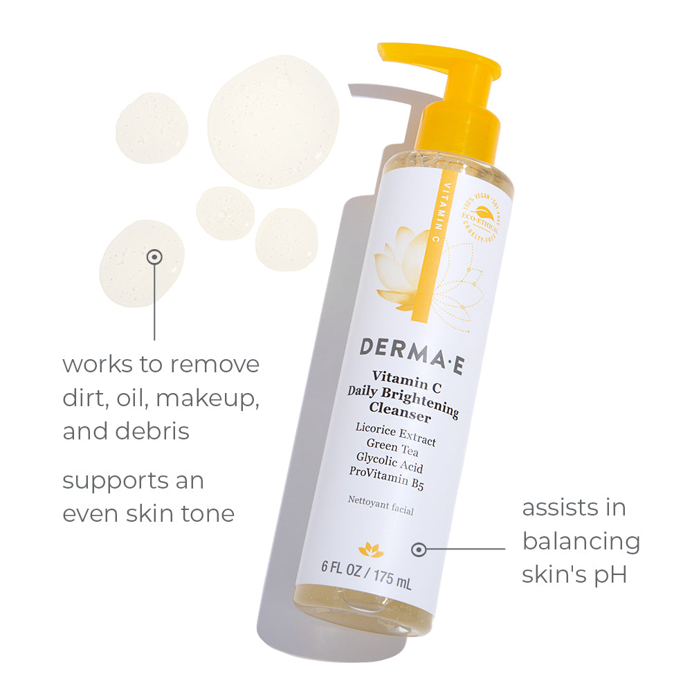 Vitamin C Daily Brightening Cleanser works to remove dirt, oil, makeup, and debris. Supports an even skin tone. Assists in balancing skin&#39;s pH.