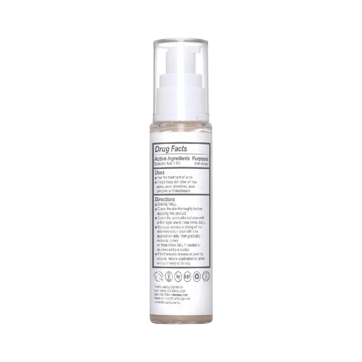 Back view of the Acne Treatment Serum bottle by DERMA E, displaying the ingredient list and usage instructions
