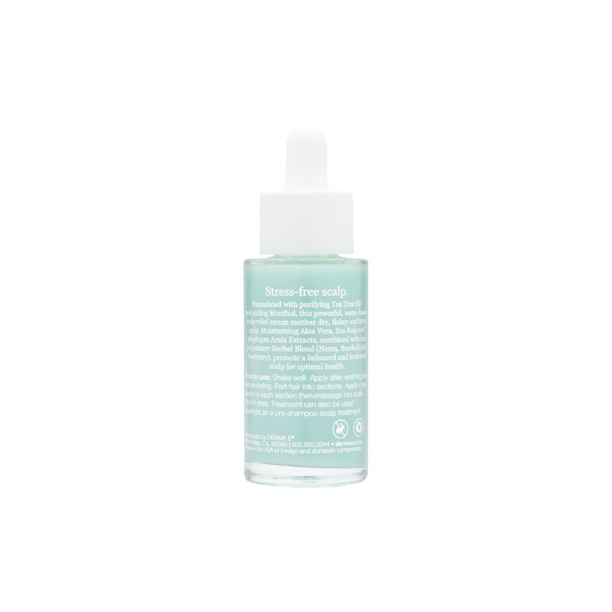 &quot;Close-up of a translucent bottle with a white dropper cap, labeled &#39;Stress-free scalp&#39;. The product mentions ingredients like Tea Tree Oil and Menthol, with detailed usage instructions, set against a white background.&quot;