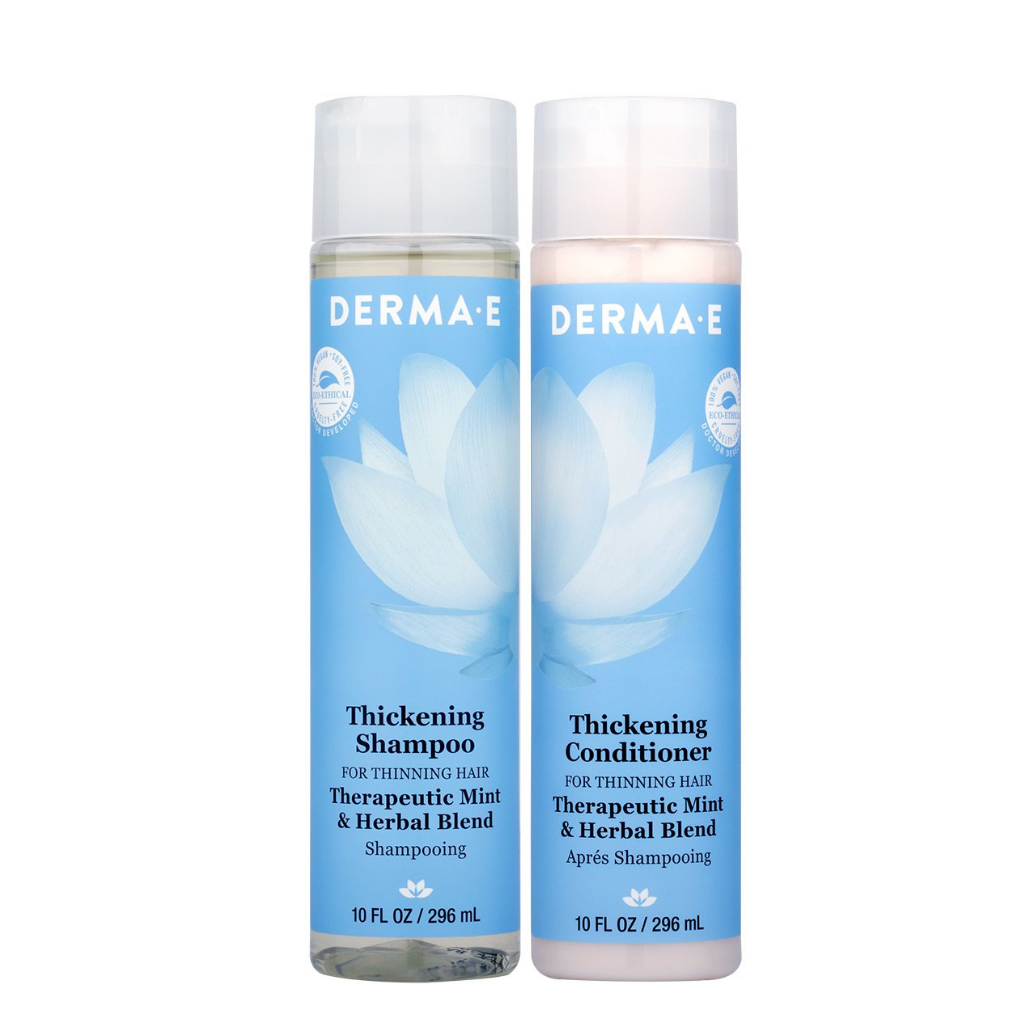 Thickening Shampoo & Conditioner Set bottles - for thicker, fuller hair. DERMA E